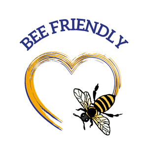Bee Friendly logo with a heart and a bee on a white background