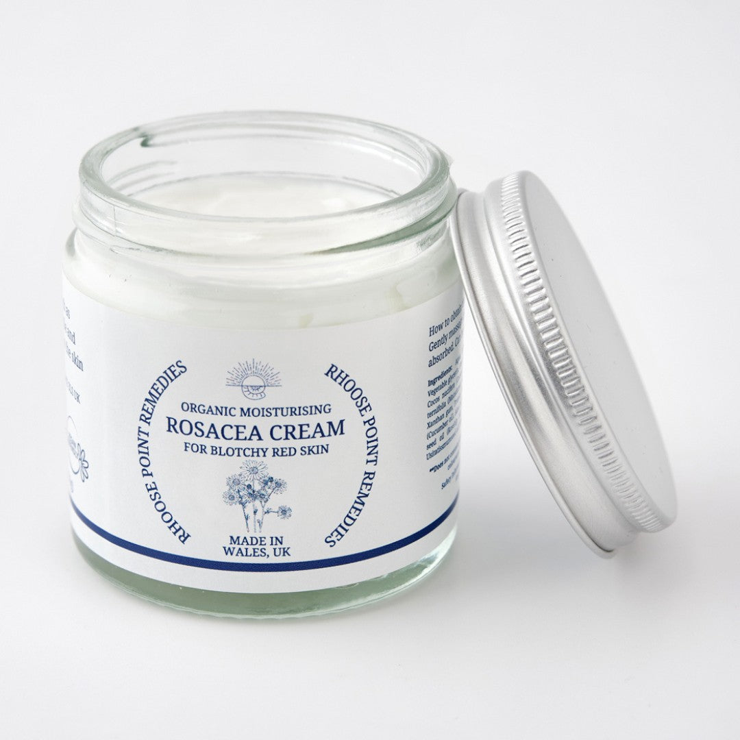 Glass jar of Rosacea Cream with a white lid on a light gray background