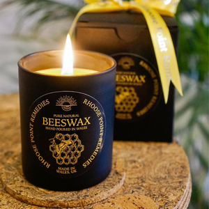 Beeswax Candle showing lit in living room