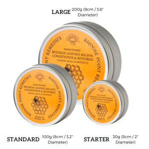 image showing different sizes of Rhoose Point Remedies beeswax leather conditioner and treatment, 200g, 100g, 30g